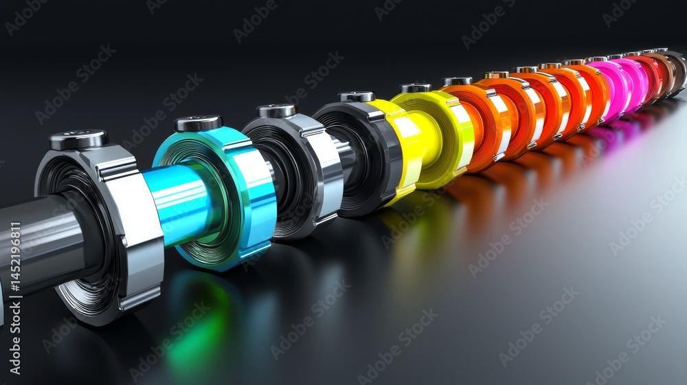 Poster a vibrant display of colorful and modern technology components on a sleek surface.