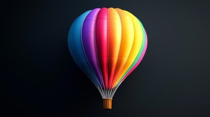 A vibrant hot air balloon with rainbow colors floating against a dark background.