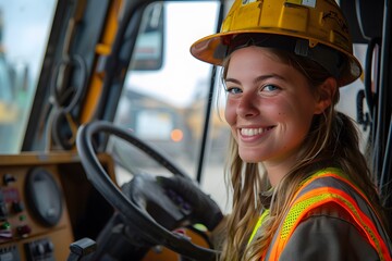 A young woman wearing a hard hat and safety vest sits confidently in the driver's seat of heavy machinery at a bustling construction site during daylight hours, exuding pride in her role