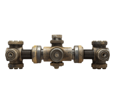 A rusty metal pipe with three bolts and three nuts