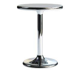 A silver table with a round top and a silver pole