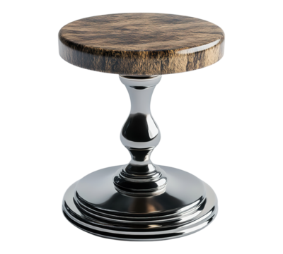 A round wooden table with a silver base