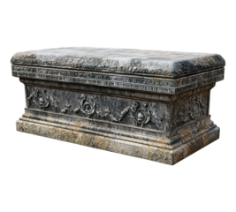 A stone bench with a carved design on it