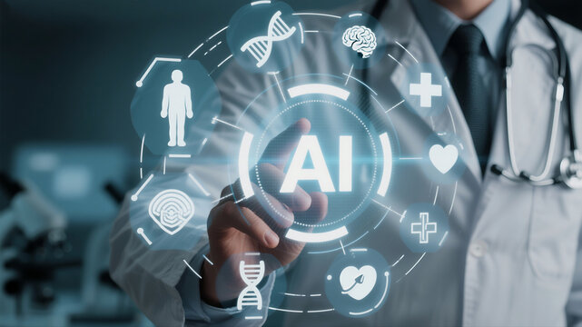 Doctor uses artificial intelligence to visualize medical information and futuristic healthcare technology applications - Powered by Adobe