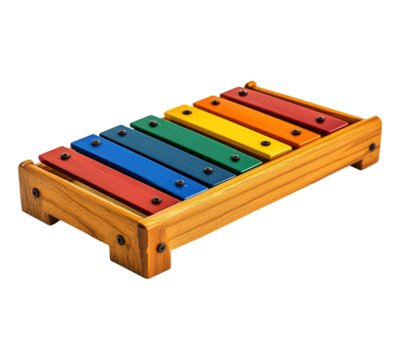 A wooden box with a set of colorful keys
