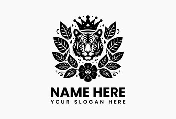 Striking black and white illustration of a regal tiger head wearing a crown, surrounded by decorative leaves in a symmetrical design. Wildlife concept
