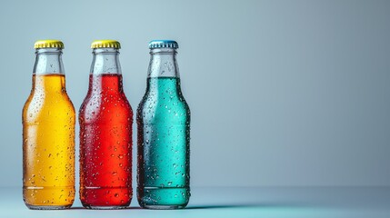 Brightly colored fizzy drinks in bottles, showcasing refreshing summer beverages.