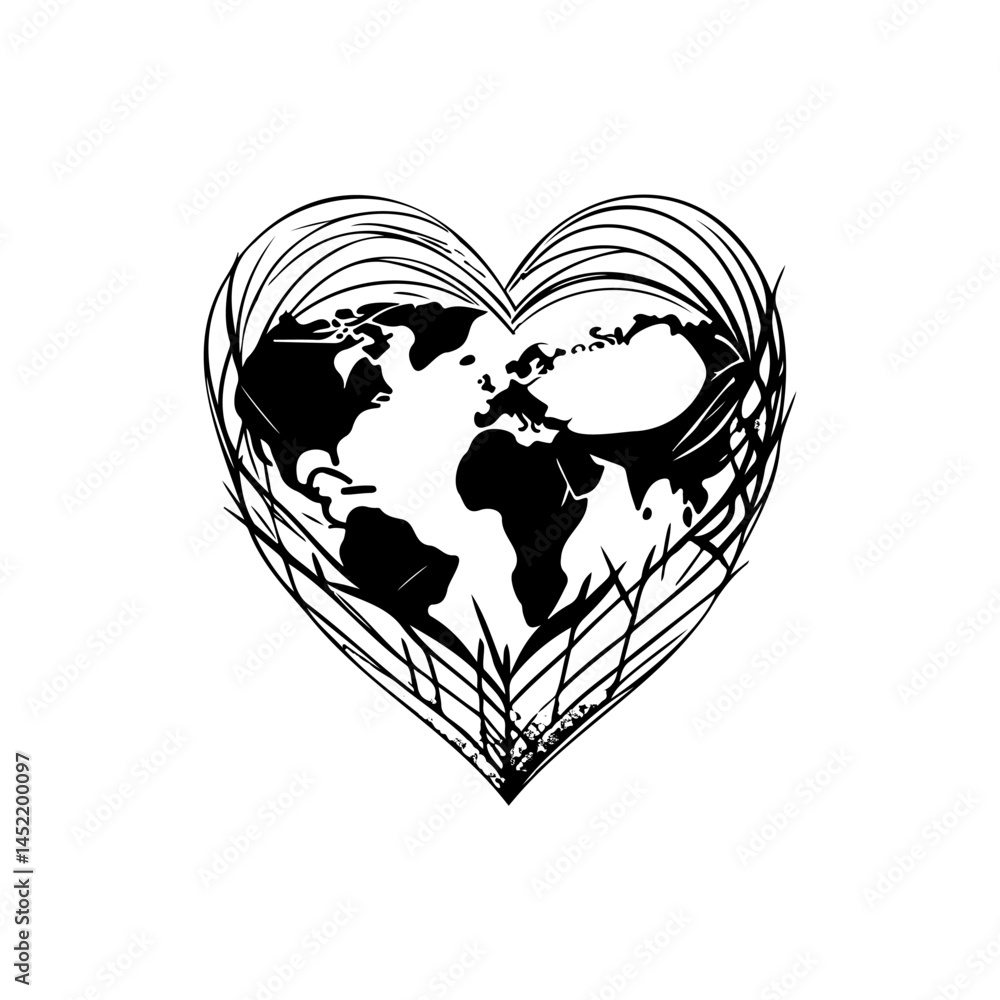 Poster heart-shaped world map with textured lines symbolizing global affection and unity