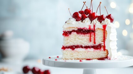 An alluring cherry cake with layers of cream and cherry filling garnished with fresh cherries and syrup, presenting a mouth-watering dessert experience on a white pedestal.