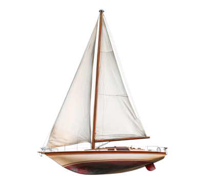 A white sailboat with a red bottom