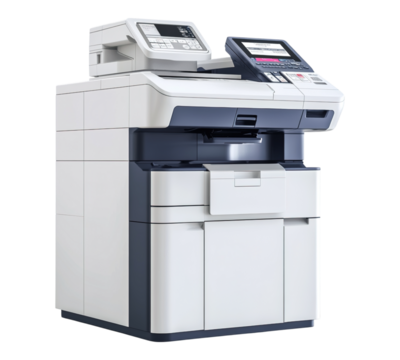 A white and black printer with a black and white screen
