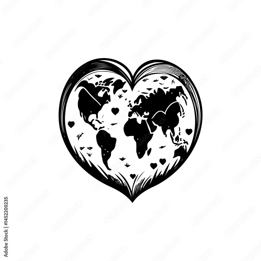 Poster global love: a heart-shaped world map conveys interconnectedness and unity