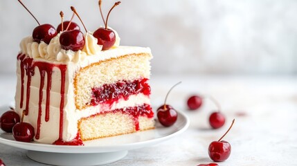 A tempting slice of cherry cake with drizzled sauce and topped with glistening cherries, representing the perfect combination of flavors and visual appeal for any dessert table.