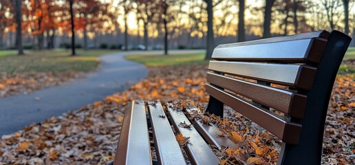 Park bench adorned with autumn leaves in serene natural setting