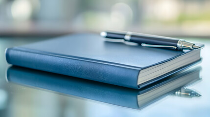 A Classic Combination: Fountain Pen Resting on a Smooth, Blue Leather Notebook