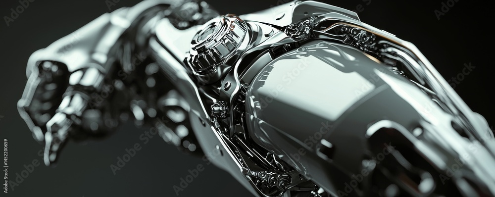 Poster close-up of a robotic arm showcasing intricate mechanical designs and metallic textures.