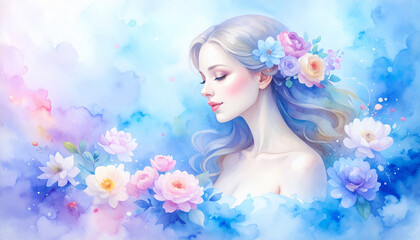Woman with flowers in her hair surrounded by a dreamy blue and pastel background depicting nature's beauty