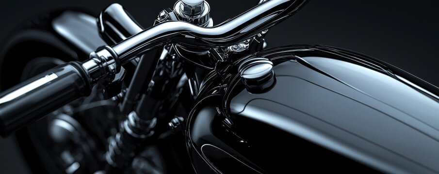 Close-up of a sleek black motorcycle handlebar with shiny chrome details.