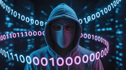 Hacker in hoodie and mask with binary code. Cyber security concept.