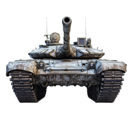 A large, dirty tank with a black barrel and a white top