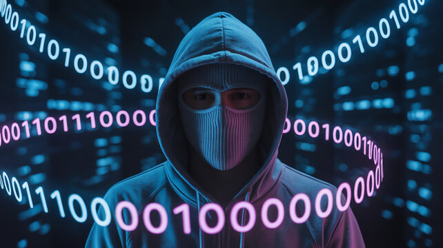 Hacker in hoodie and mask with binary code. Cyber security concept.
