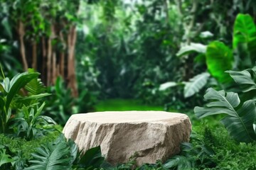 Stone tabletop podium floor in outdoors tropical garden forest blurred green leaf plant nature background. Natural product placement pedestal stand display,jungle paradise concept.