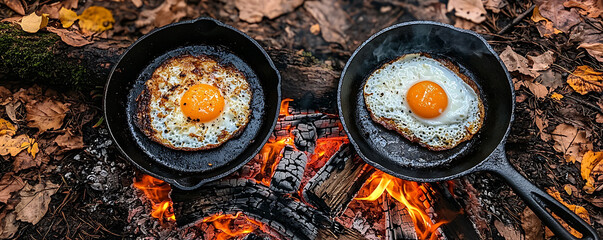Two perfectly fried eggs sizzle in cast iron skillets over an open fire, nestled amongst autumn leaves. A rustic, warm image evoking feelings of adventure, comfort, and the simple pleasures of nature.