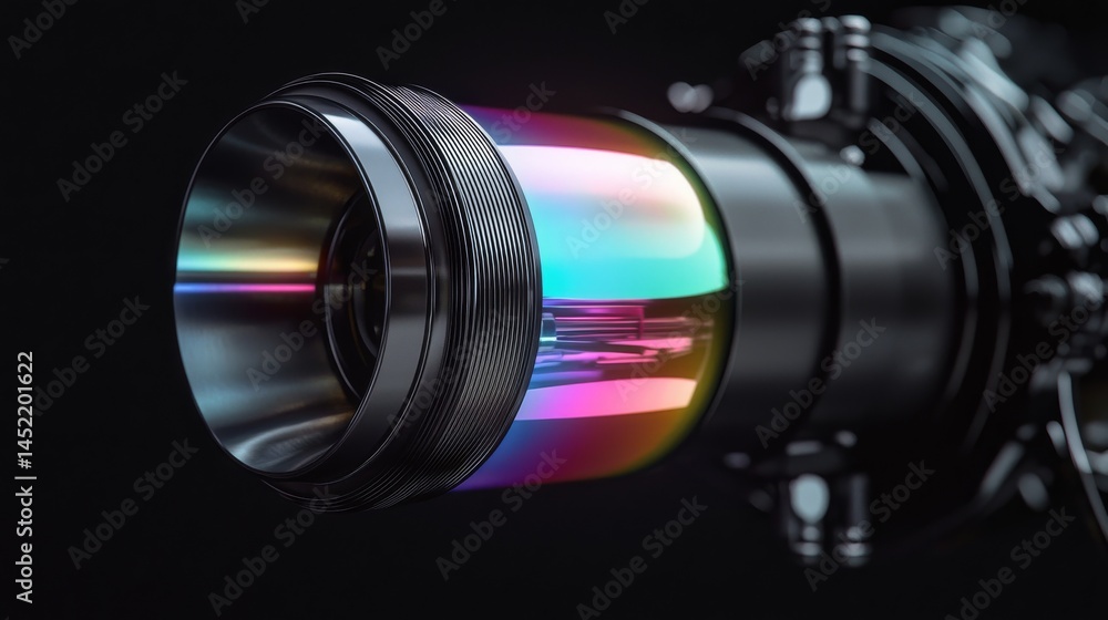 Poster close-up view of a high-tech lens with colorful reflections and sleek design.