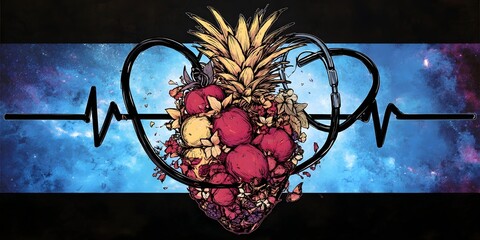 Artistic Fruit Heart: A stylized digital art piece portrays a vibrant heart shape formed with lush fruit, interwoven with a heart rate monitor. A creative metaphor.