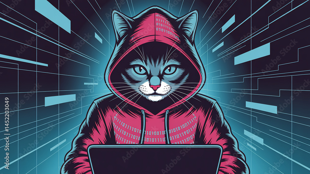 Poster cat hacker with hoodie using laptop, digital data background.