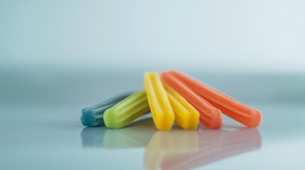 Colorful candy sticks displayed beautifully on a reflective surface.