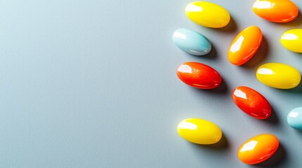 Colorful candy-coated chocolates arranged on a smooth surface, captivating and vibrant.