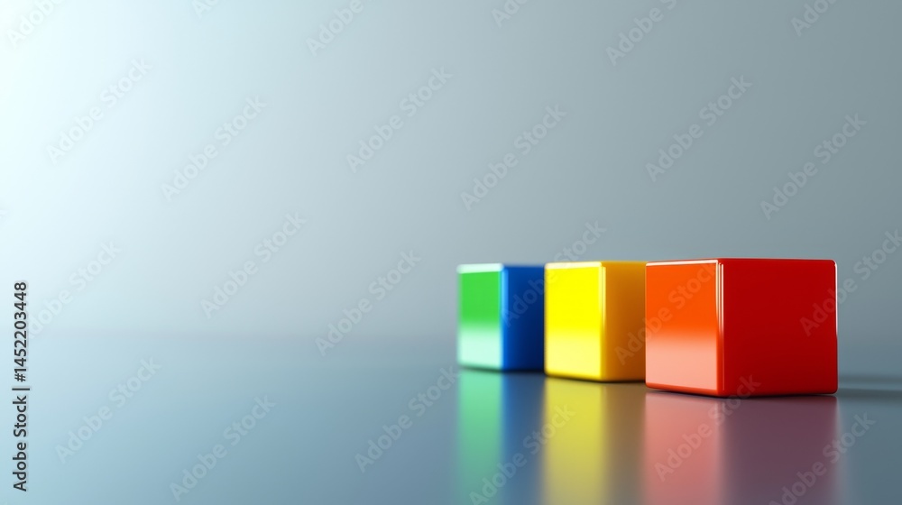 Poster colorful cubes arranged neatly on a reflective surface, creating a vibrant visual.
