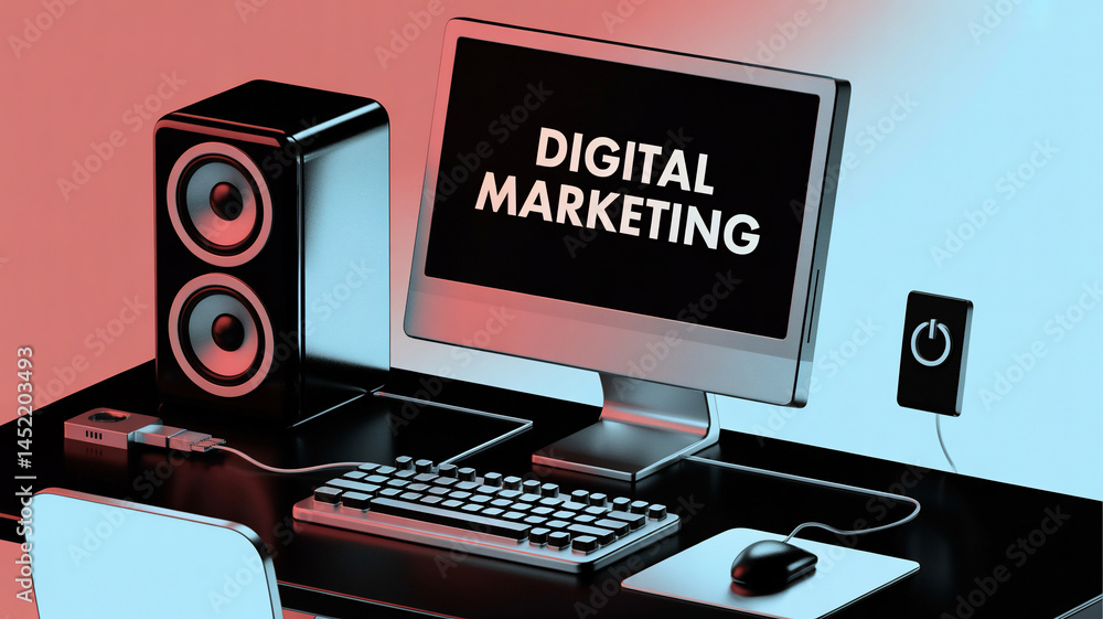 Poster computer with digital marketing text on the screen.