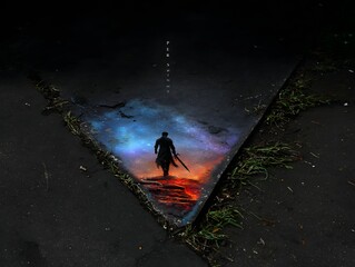 Obraz premium Echoes of Solitude: A lone figure, silhouetted against a surreal, otherworldly landscape, strides into the unknown, reflecting in a puddle on the pavement. A visual poem of introspection and journey.