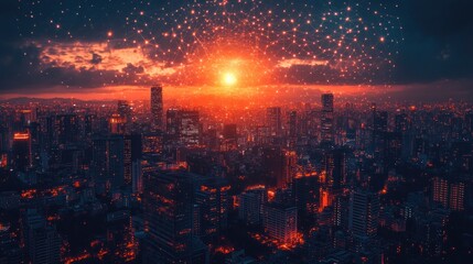 Fototapeta premium Cityscape Sunset Explosion Aerial View