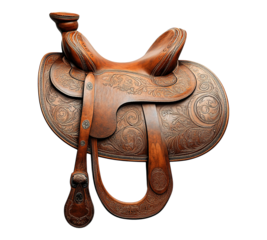 A brown saddle with gold designs on it