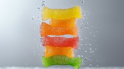 Colorful gummy candies stacked and splashed with water, creating a refreshing image.