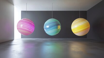 Colorful hanging planets create a futuristic, artistic space environment.