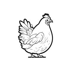 Monochrome Line Art Illustration of a Detailed, Stylized Chicken Standing Sideways