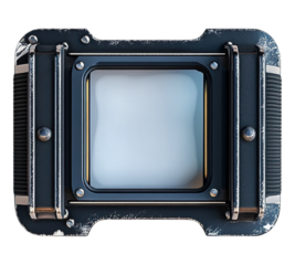 A black and silver camera lens with a white background