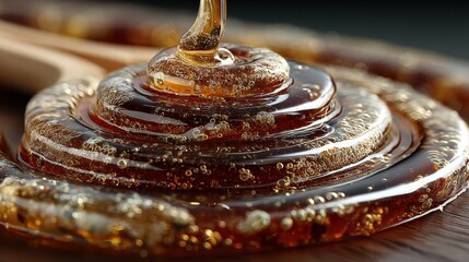 Delicious Golden Honey Swirling on Wood
