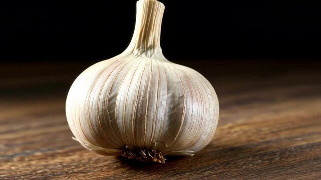 Fresh garlic bulb on wooden table, closeup