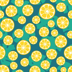 Vector lemons and palm leaves seamless pattern. Tropical exotic summer print. Hand drawn yellow fruit circle slices and monstera leaf background. Citrus texture for wrapping, textile, fabric, cover.