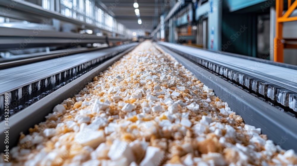 Aufkleber close-up view of a conveyor belt transporting granulated materials in a factory setting