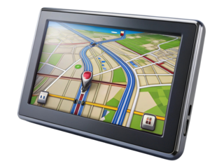 Navigation Device Displaying Map with Roads, Landmarks, and Location Indicators
