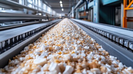 Close-up view of a conveyor belt transporting granulated materials in a factory setting