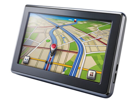 Navigation Device Displaying Map with Roads, Landmarks, and Location Indicators