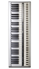 Detailed view of a digital piano keyboard and function keys in studio
