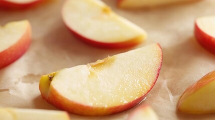 Close-up of a group of sliced apples on a piece of parchment paper. the apples are arranged in a scattered manner, with some overlapping each other.